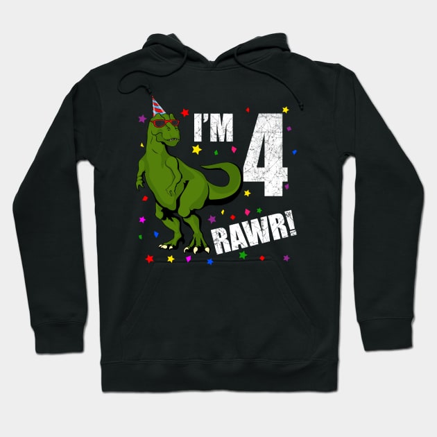 Bday Kids 4 Years Old Dinosaur Birthday Hoodie by KawaiiAttack